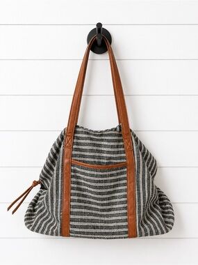 🖤 Madison West Black & White Striped Tote with Brown Trim